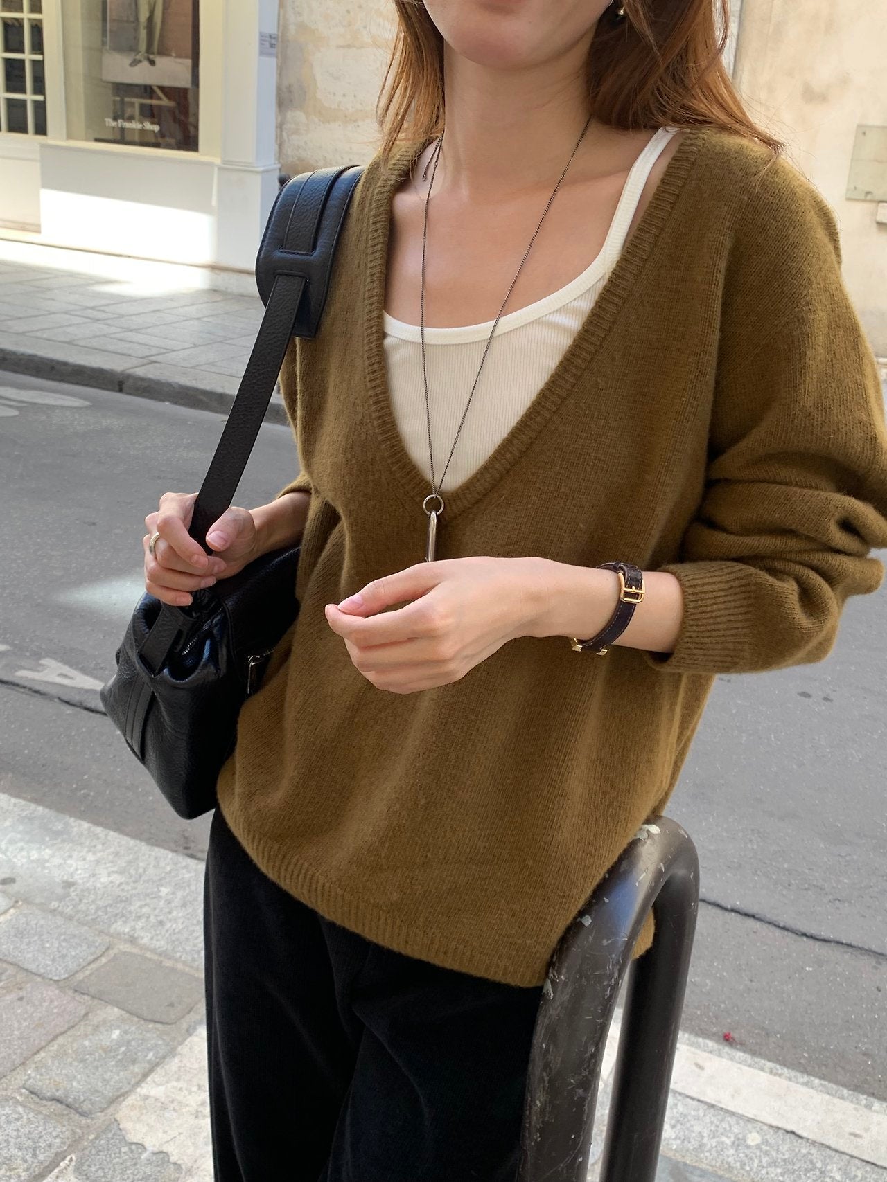 Celine cashmere wholegarment deep V-neck knit-3col