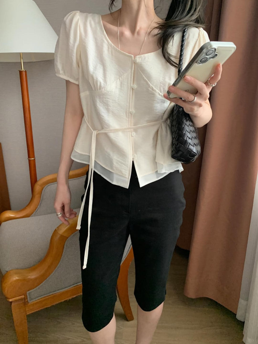 half rumi shirring blouse-3col