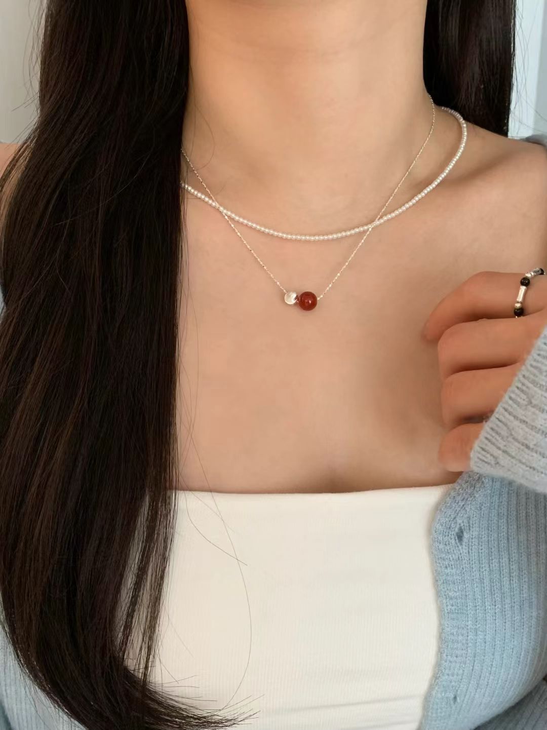 Pia Red Onyx Silver Ball Necklace