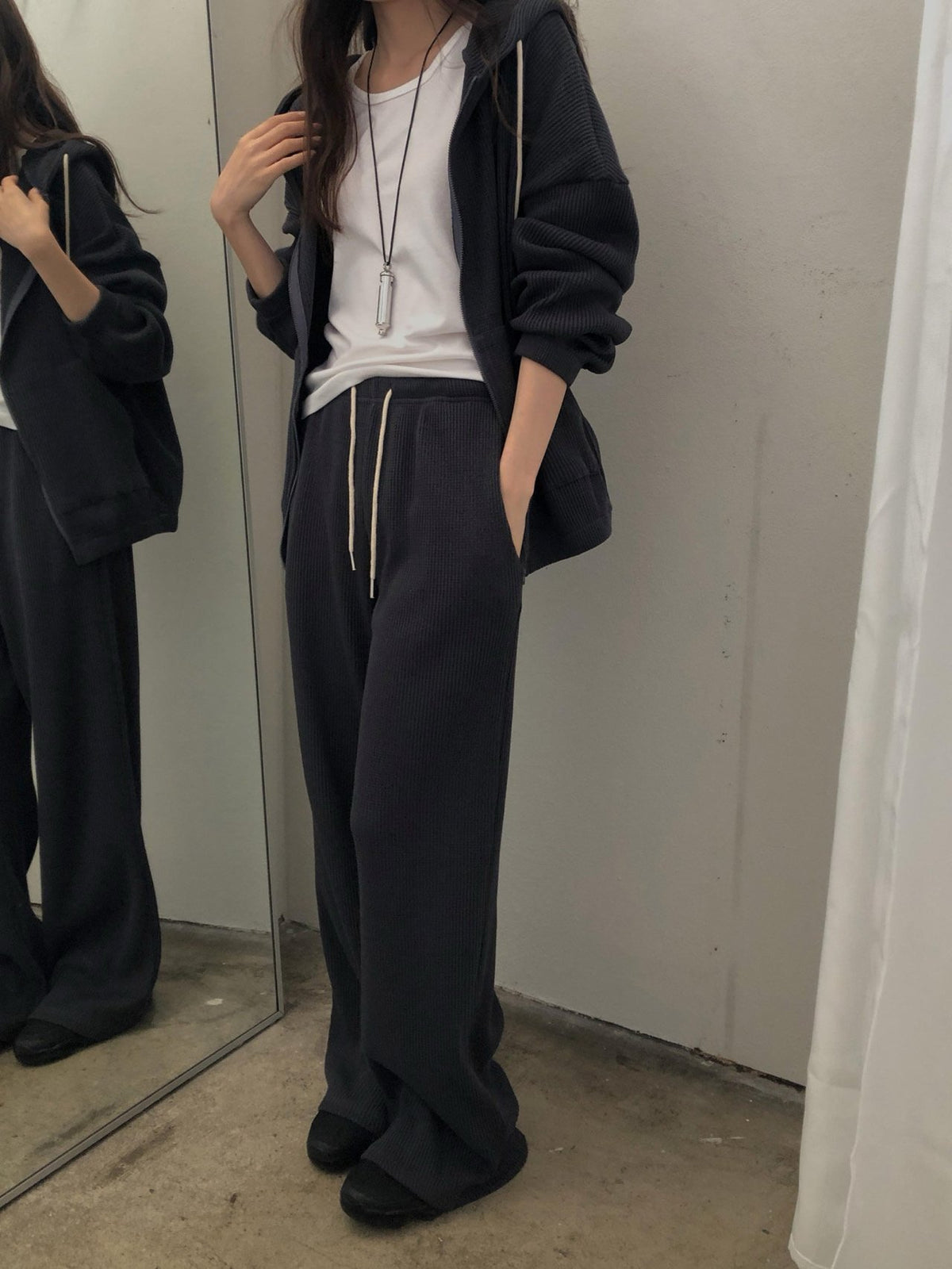 waffle hooded zip-up&pants-3col