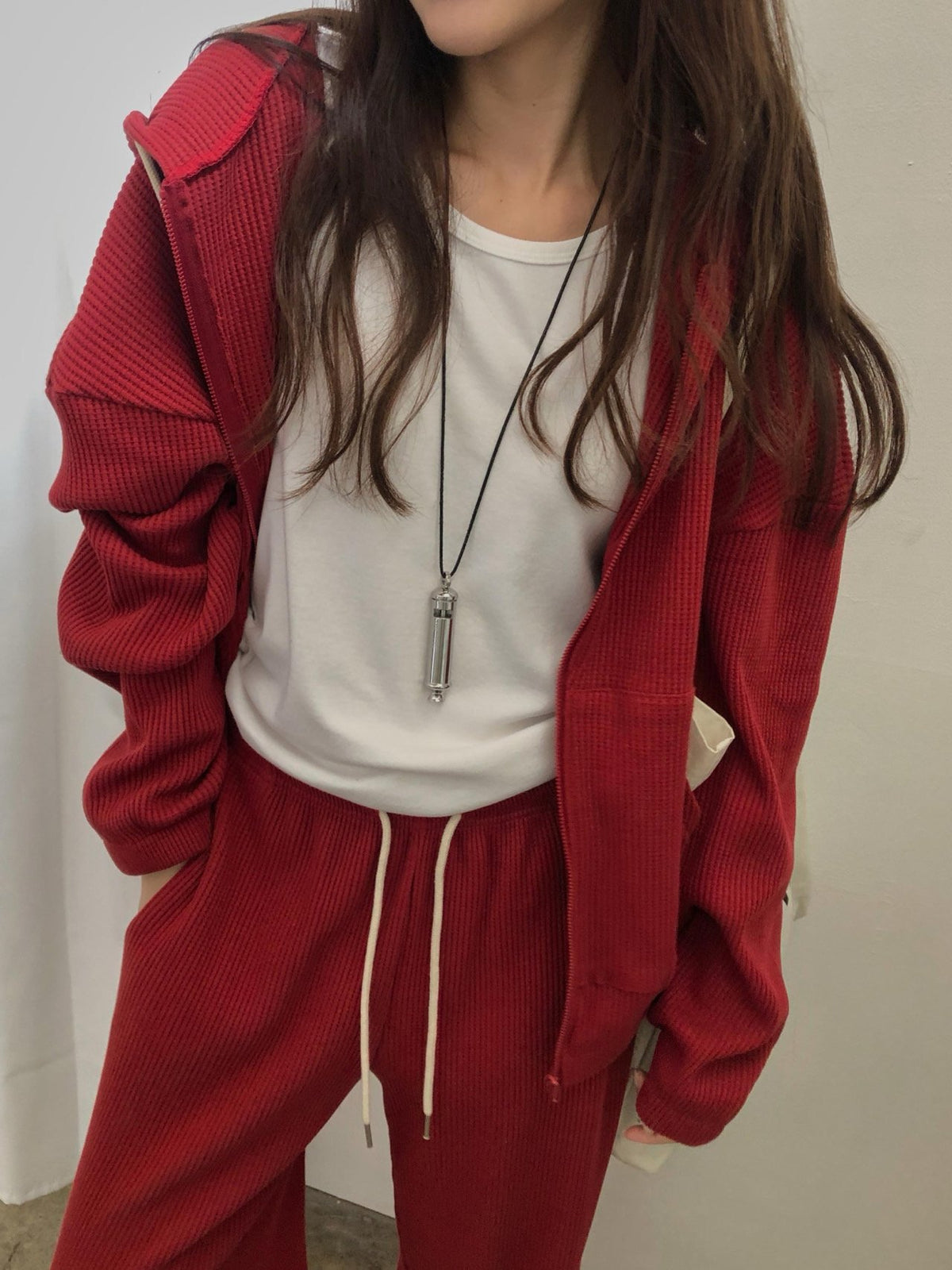waffle hooded zip-up&pants-3col
