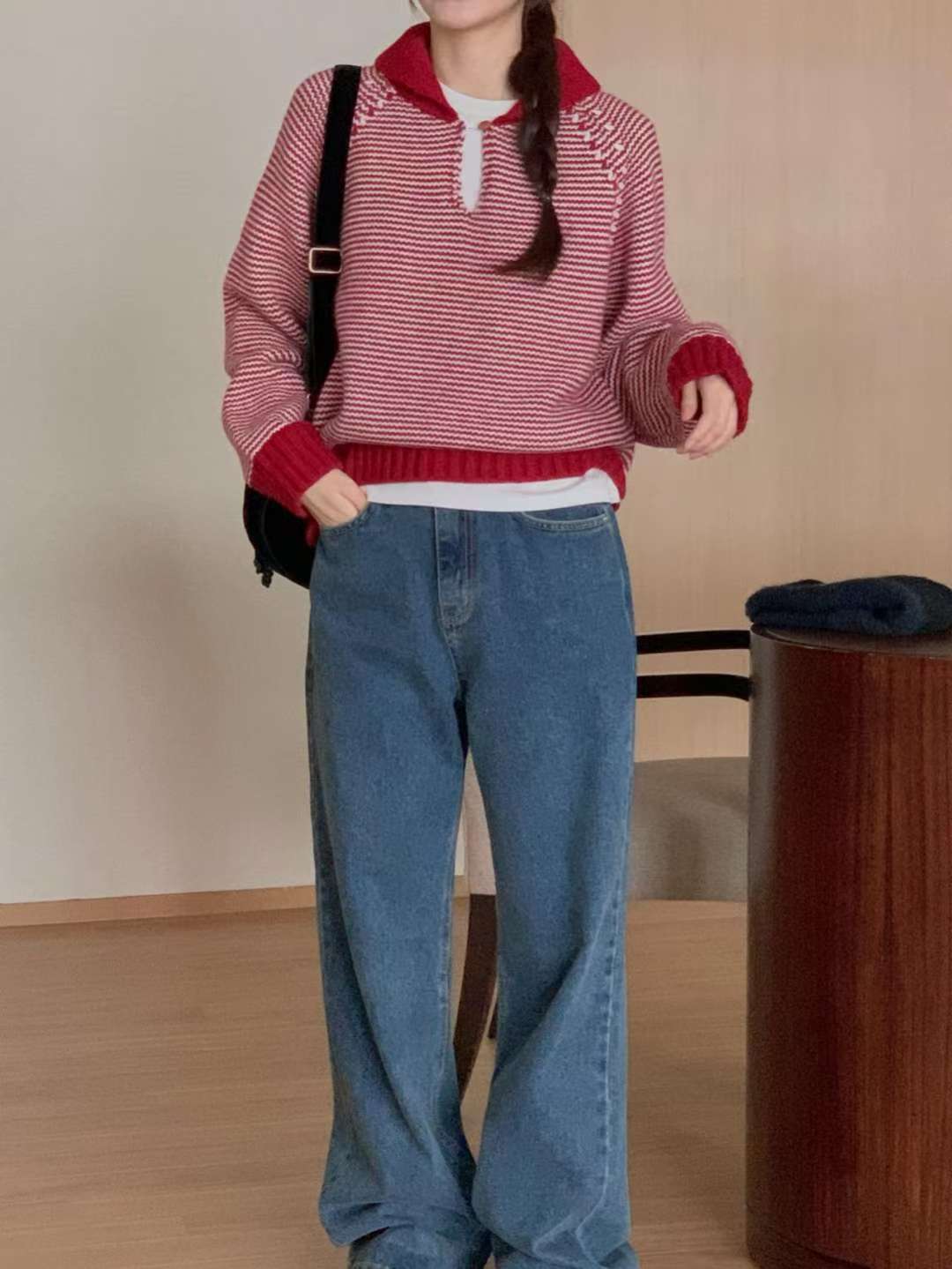 Stripe button knit-3col