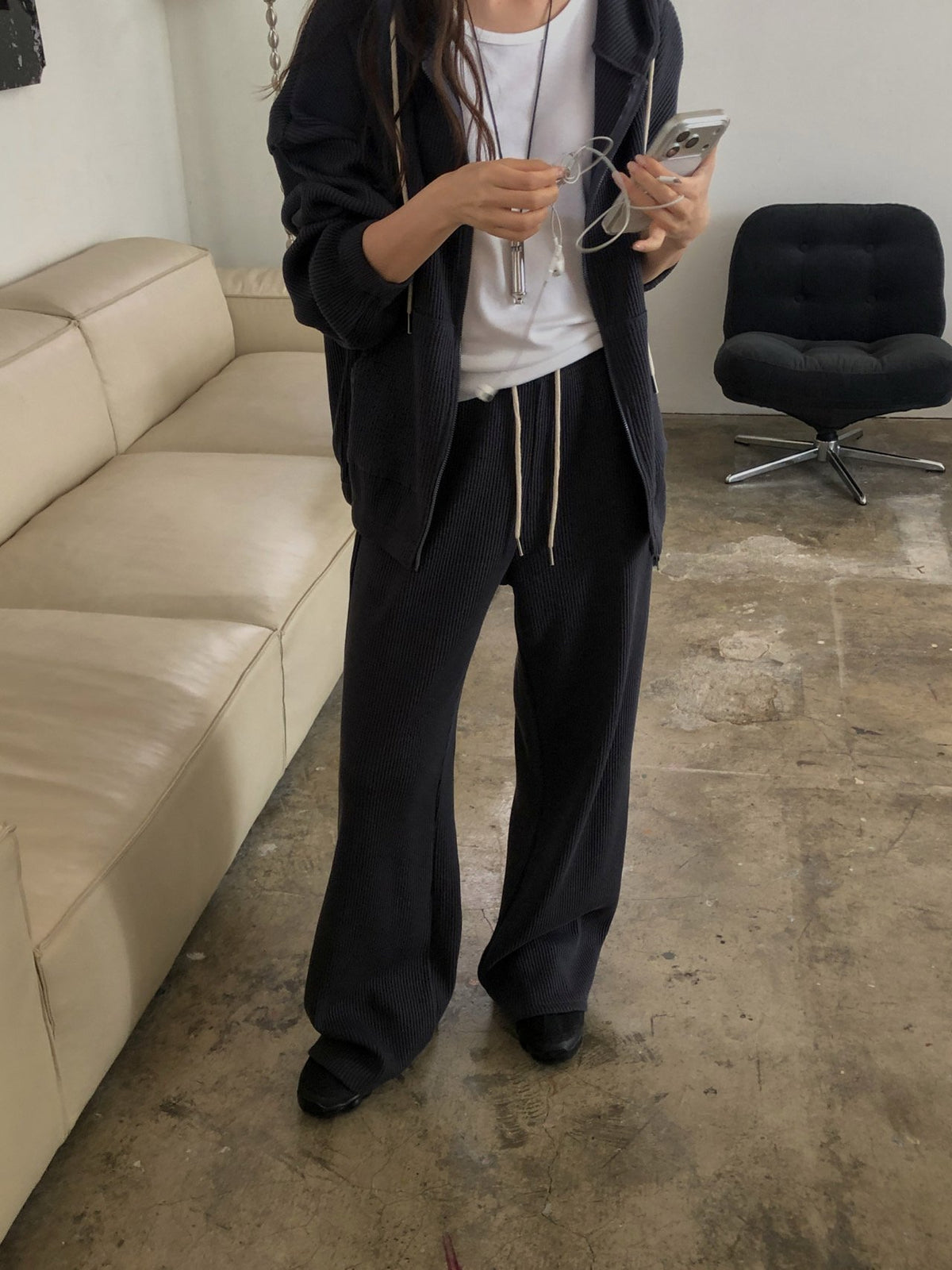 waffle hooded zip-up&pants-3col