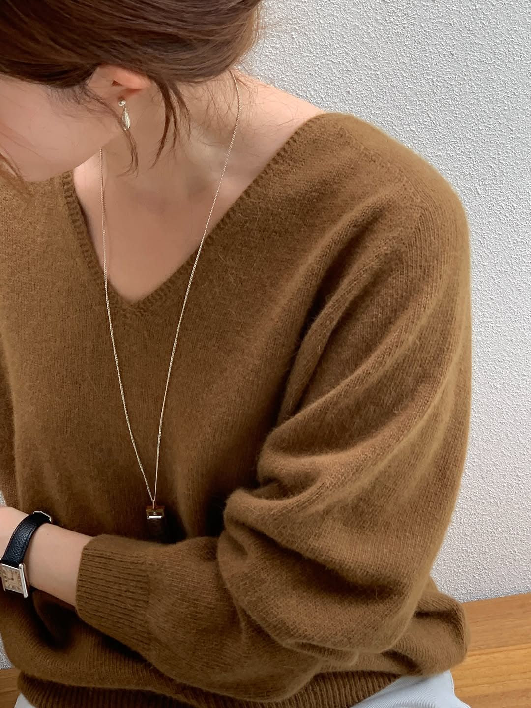 Hills fox wholegarment V-neck knit-3col