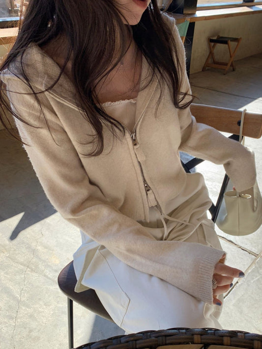 Basil hood zip up knit cardigan-3col