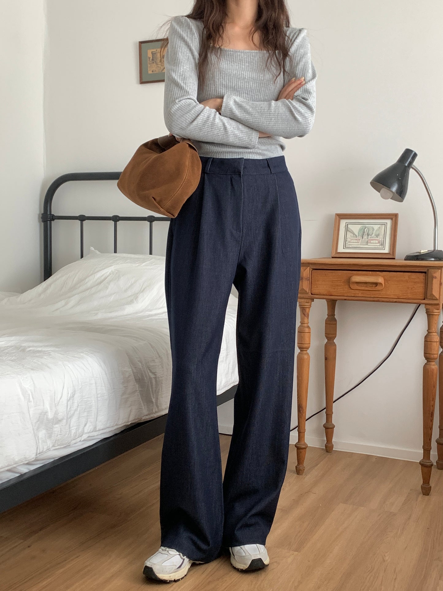 Fw denim onepintuck slacks-2col ショート丈あり