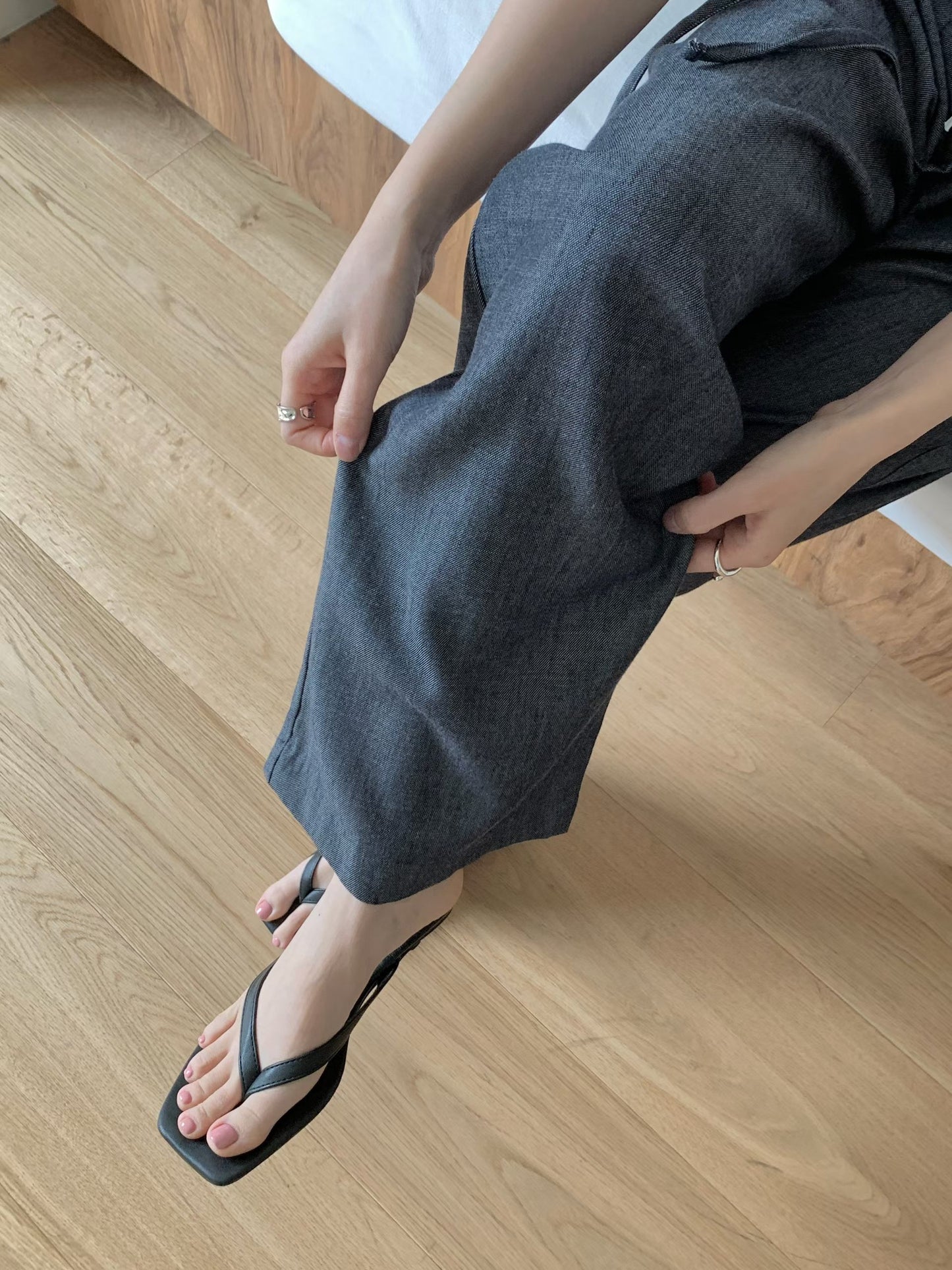 linen denim strap back-banding wide pants-2col/ショート丈あり