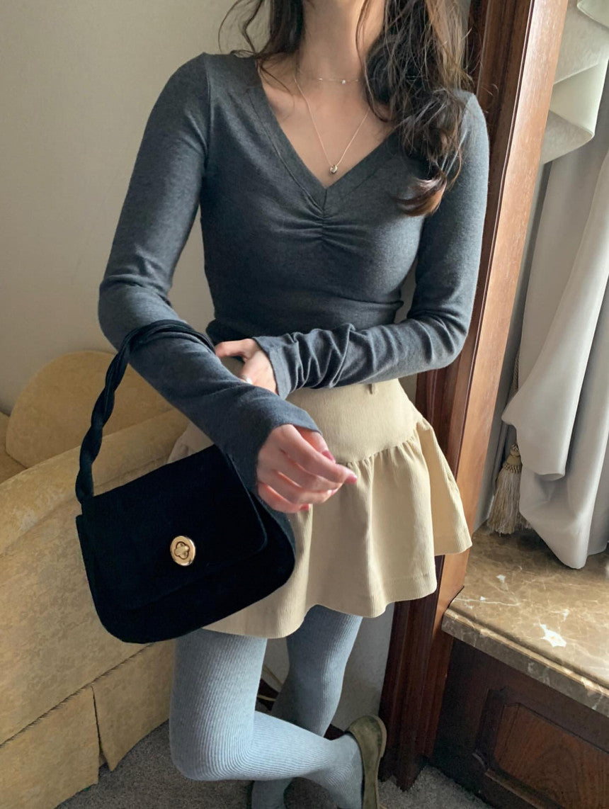 V-neck shirring T-4col