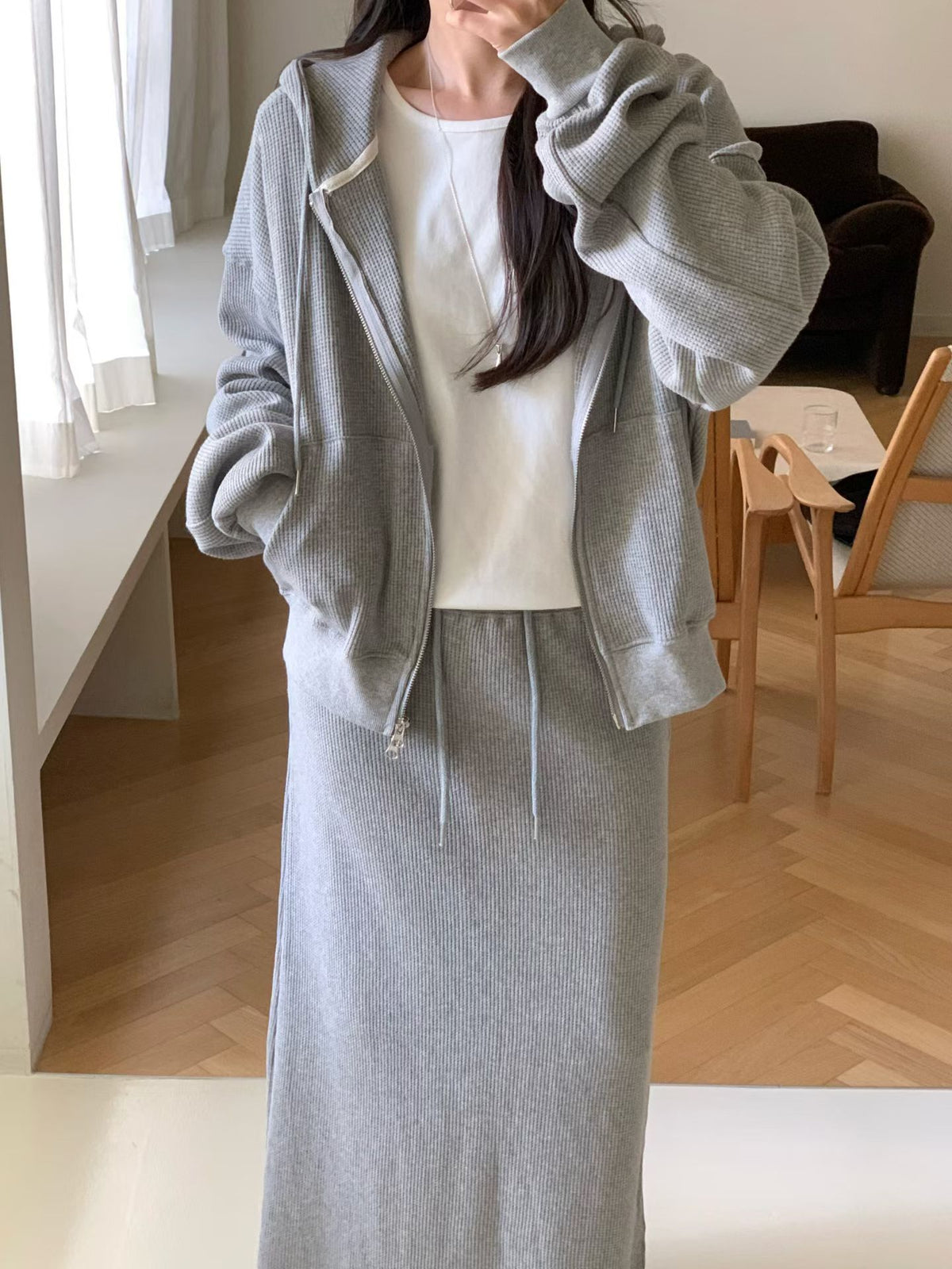 Waffle 2way hood zipup&skirt-2col