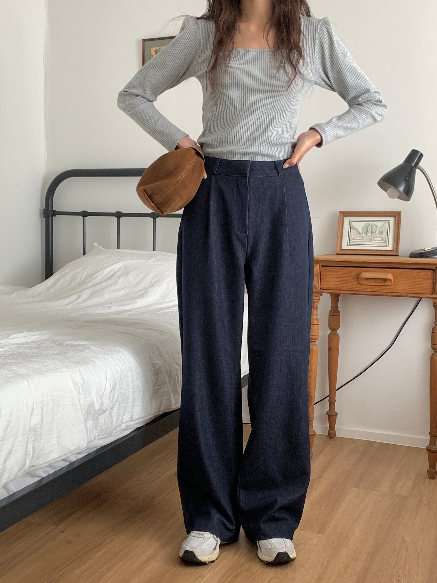 Fw denim onepintuck slacks-2col ショート丈あり