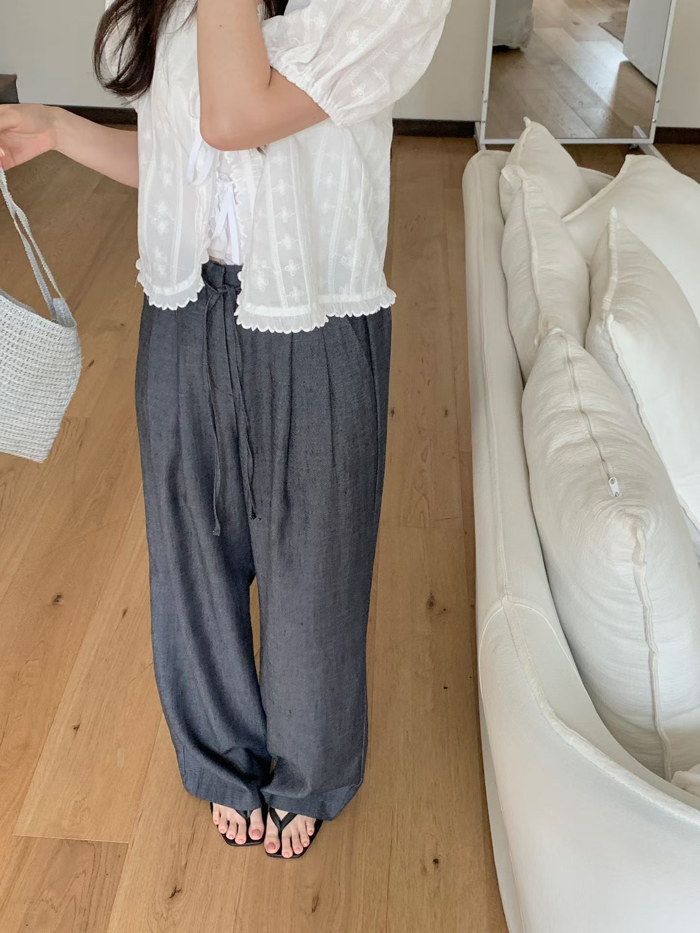 linen denim strap back-banding wide pants-2col/ショート丈あり