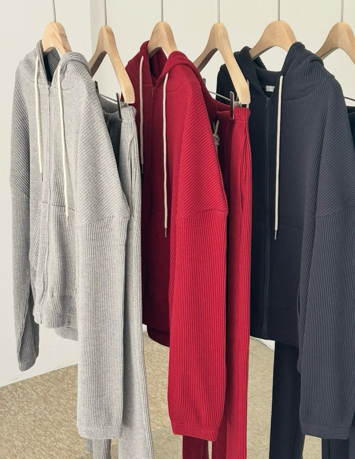 waffle hooded zip-up&pants-3col