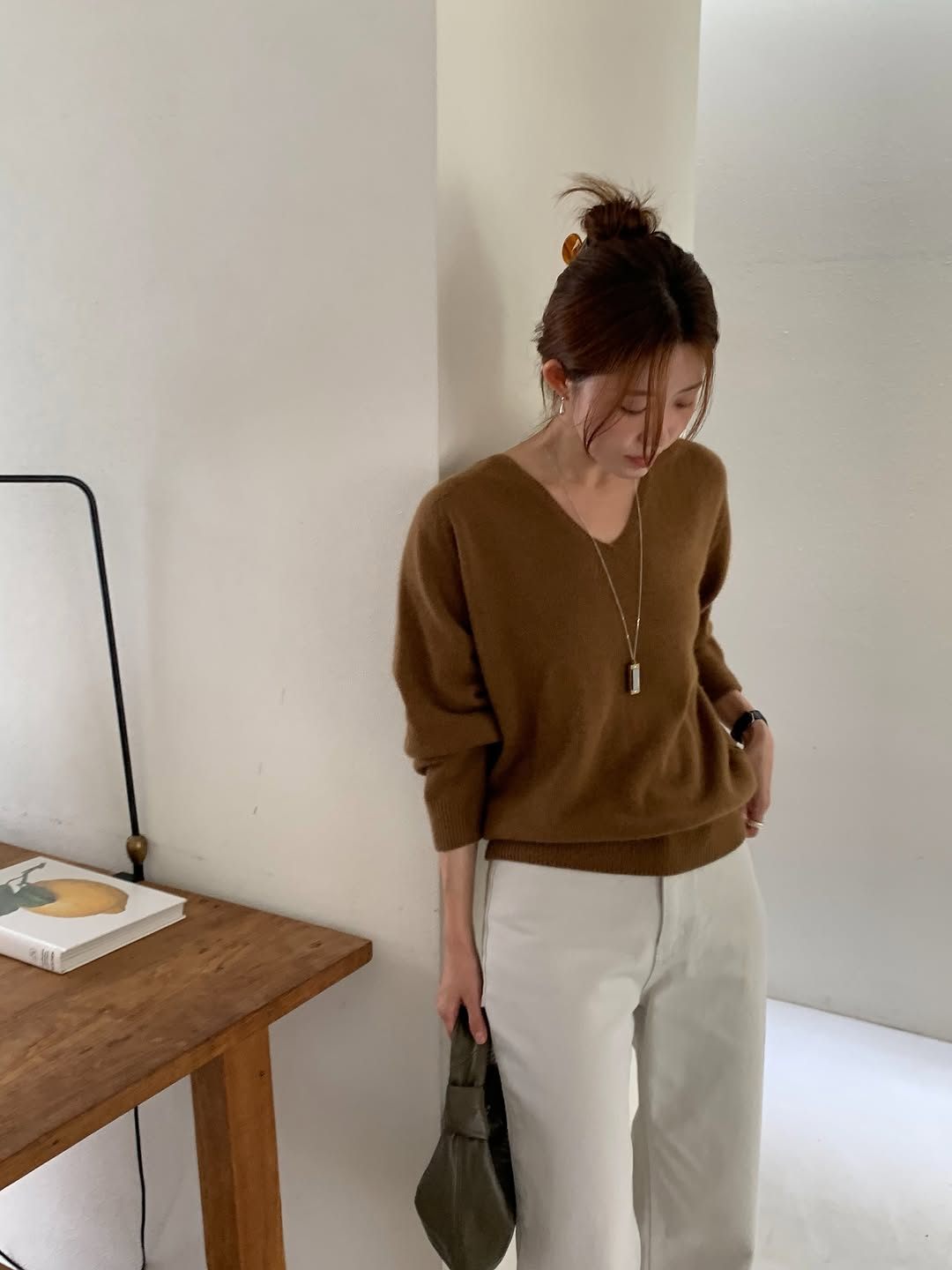 Hills fox wholegarment V-neck knit-3col
