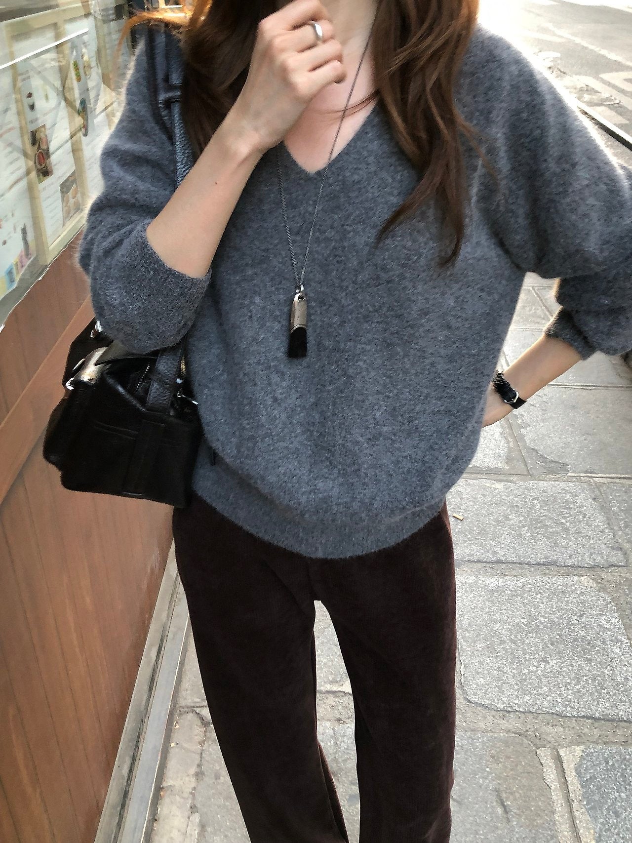 Hills fox wholegarment V-neck knit-3col