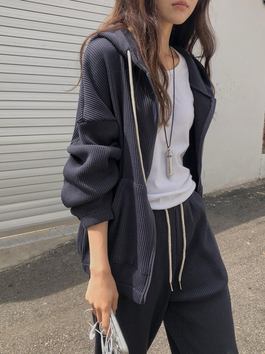 waffle hooded zip-up&pants-3col