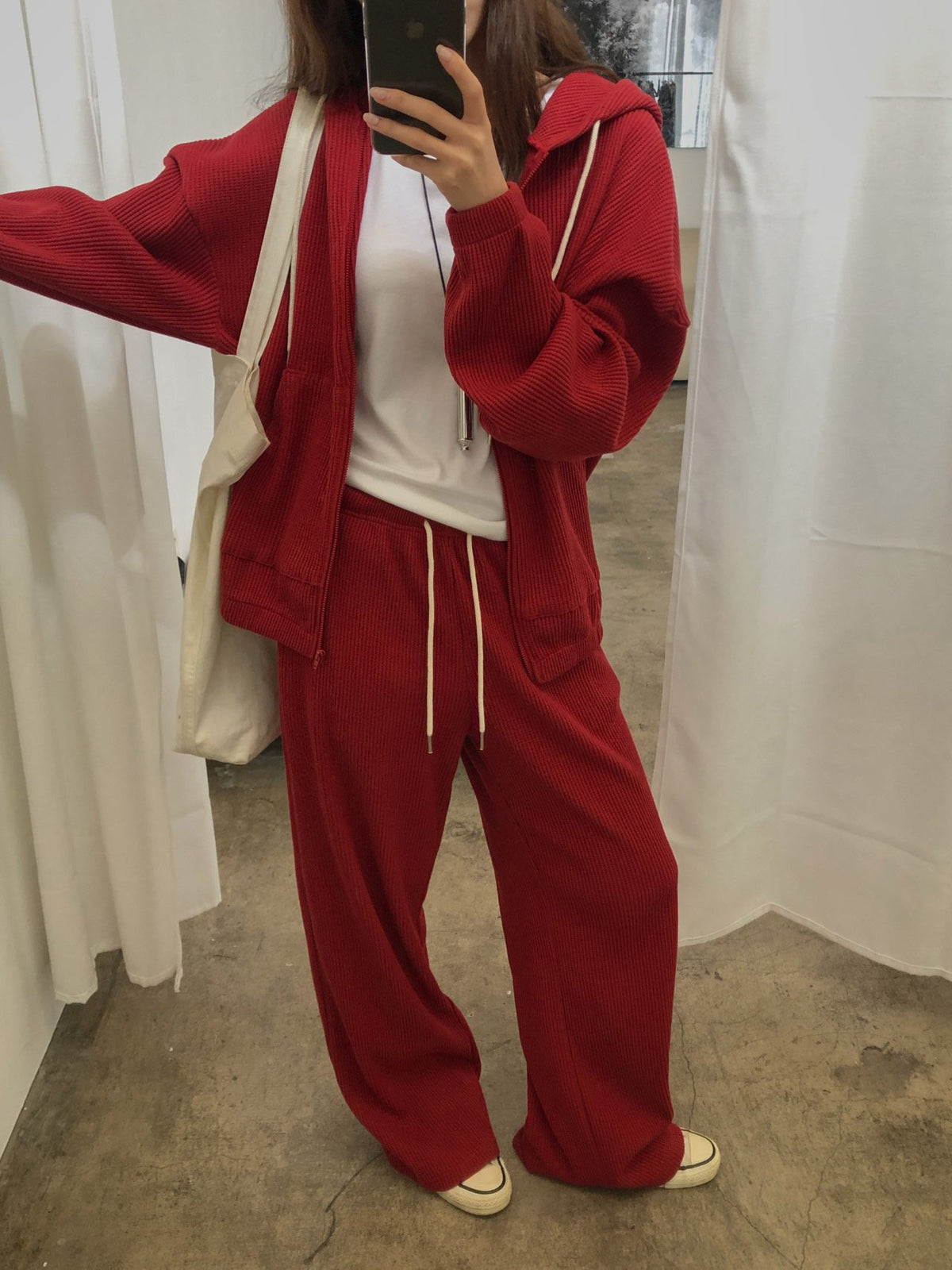 waffle hooded zip-up&pants-3col