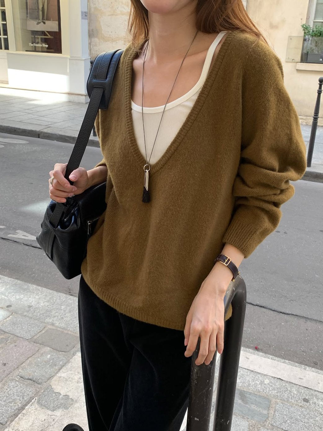 Celine cashmere wholegarment deep V-neck knit-3col