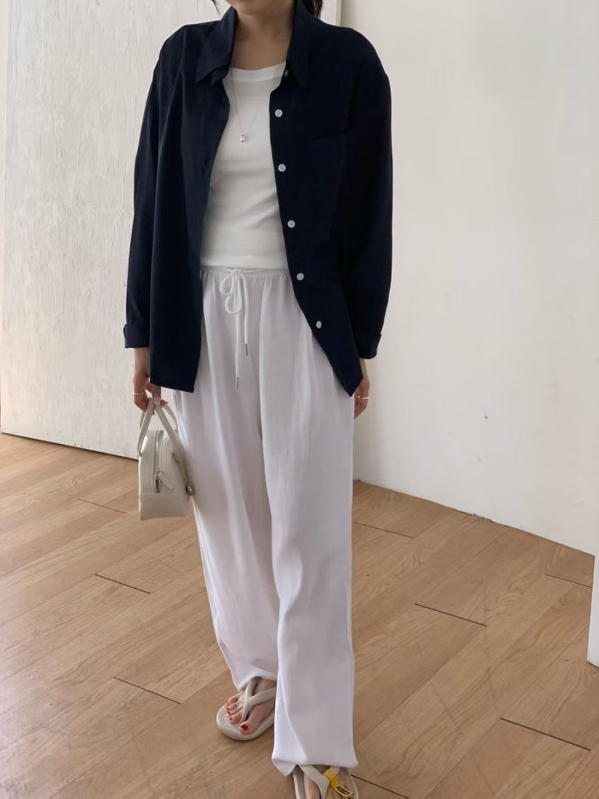 vintage linen wide banding pants-3col