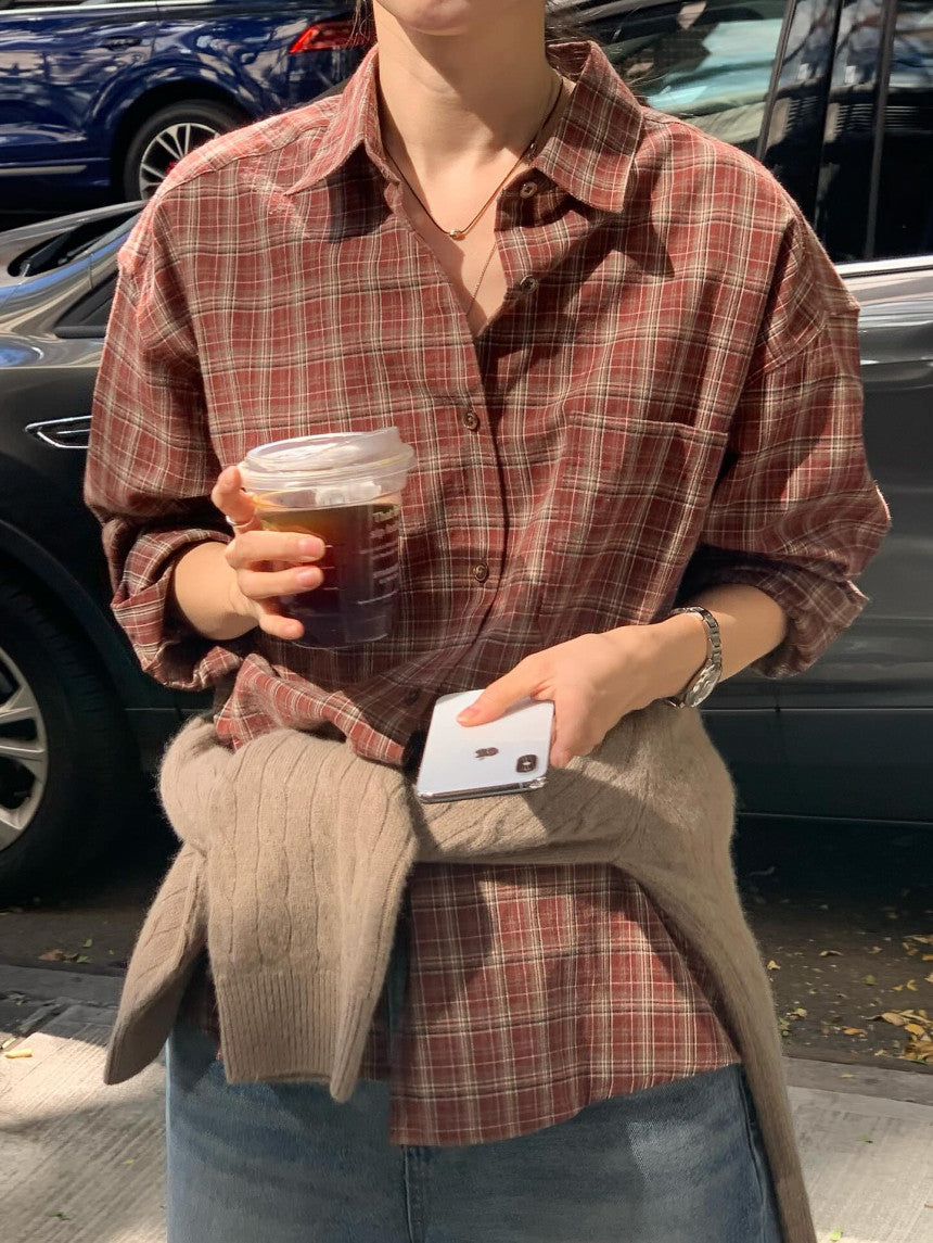 Maron check shirt-2col