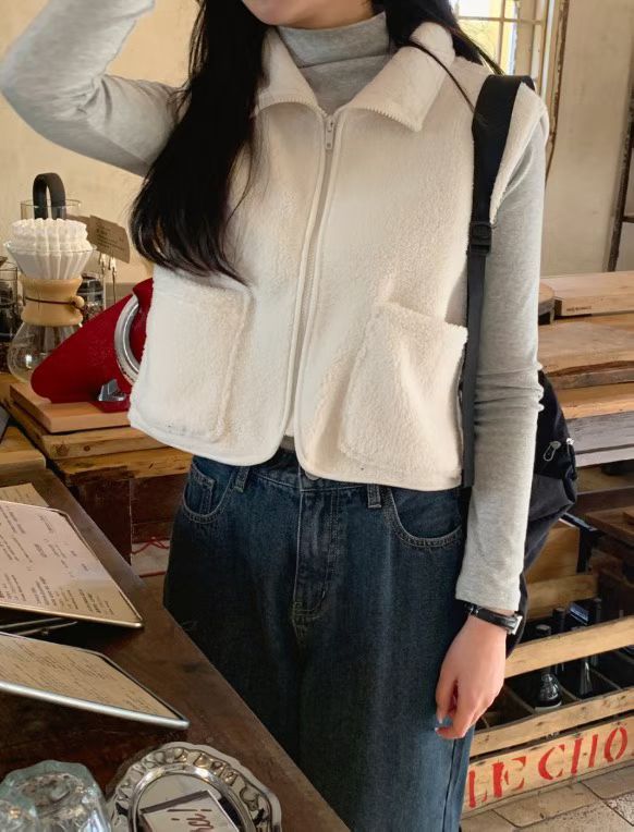 Bear fleece vest zip up-2col