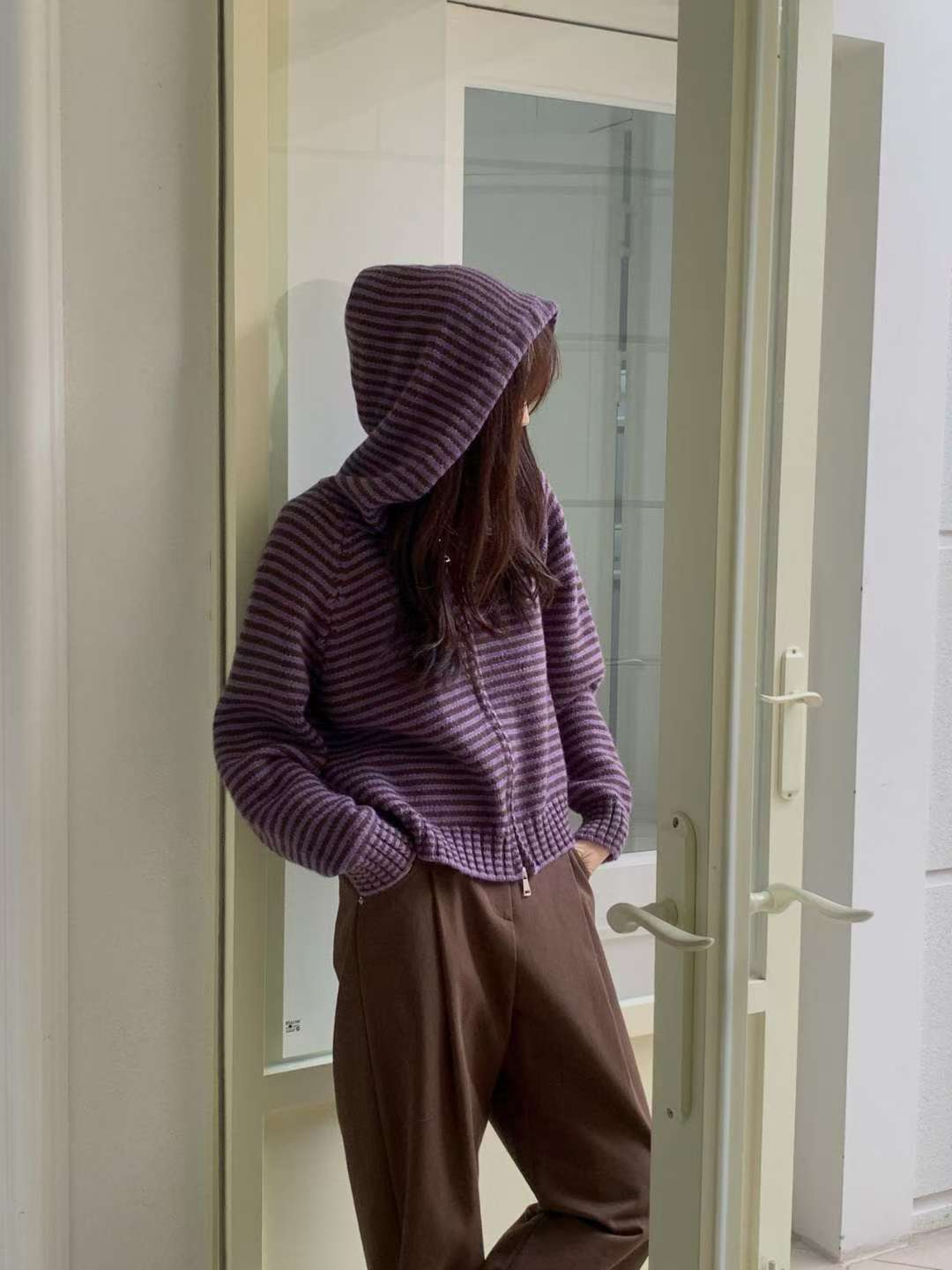 Stripe hood zip up-3col