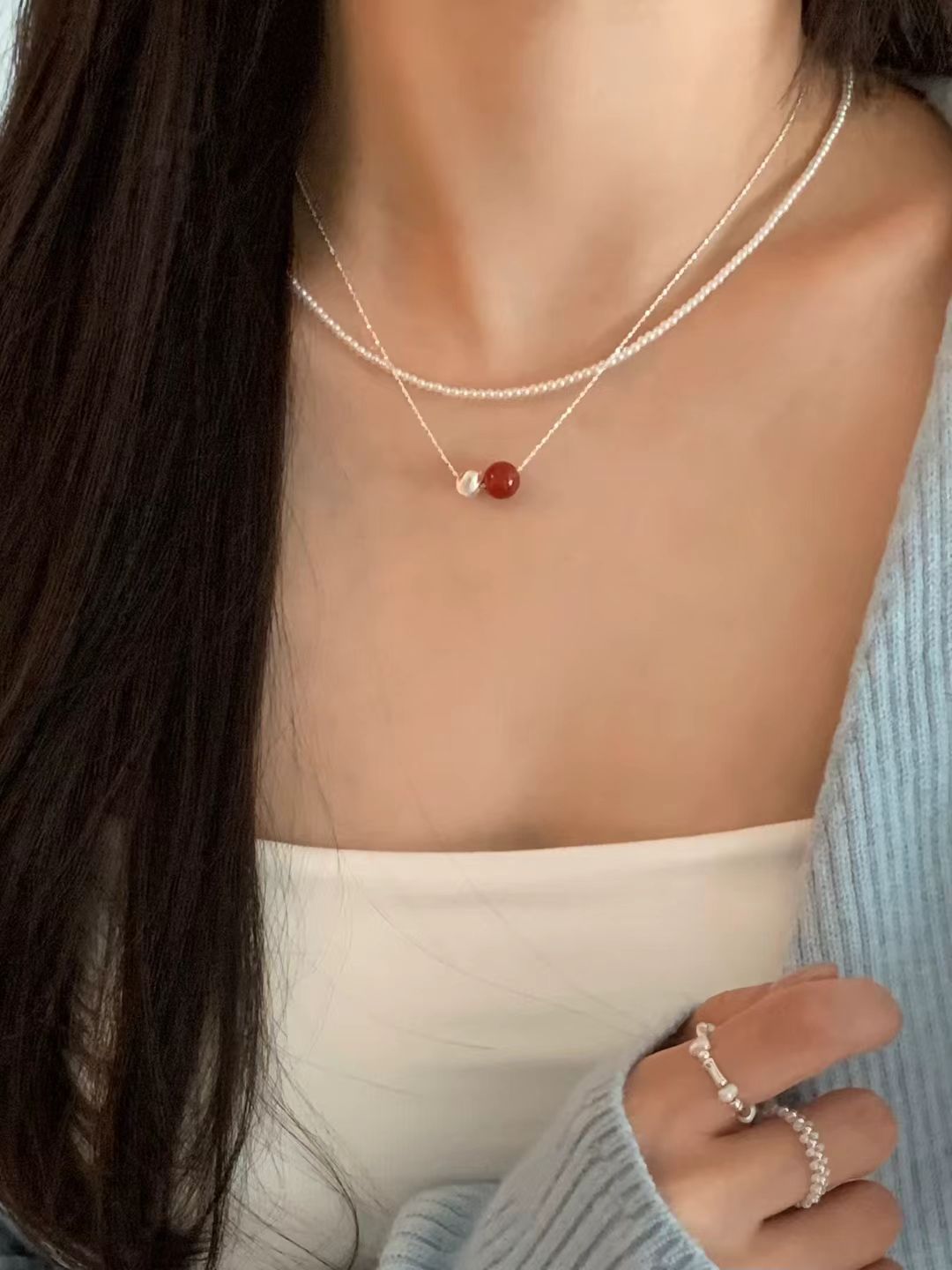Pia Red Onyx Silver Ball Necklace