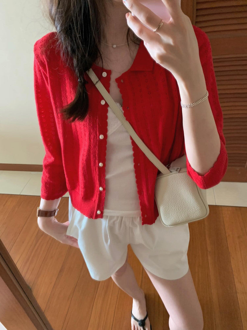 navy即納 French wave cardigan-3col