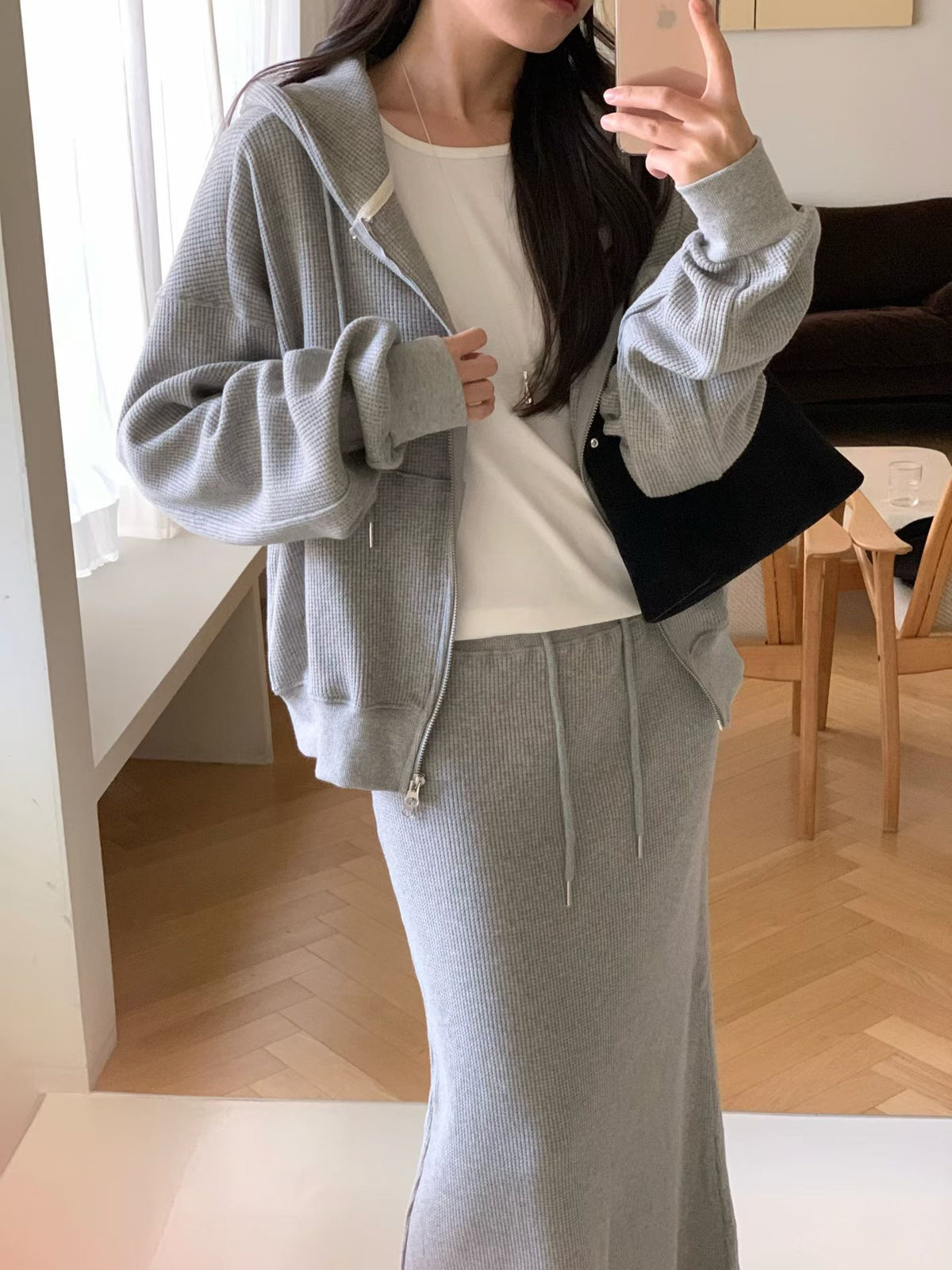 Waffle 2way hood zipup&skirt-2col