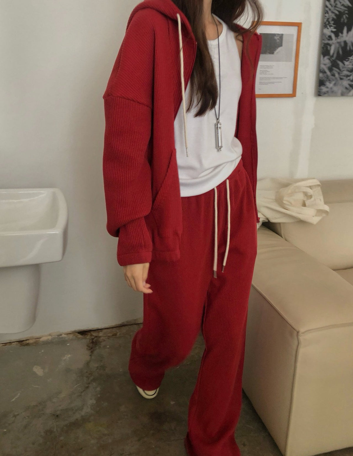 waffle hooded zip-up&pants-3col