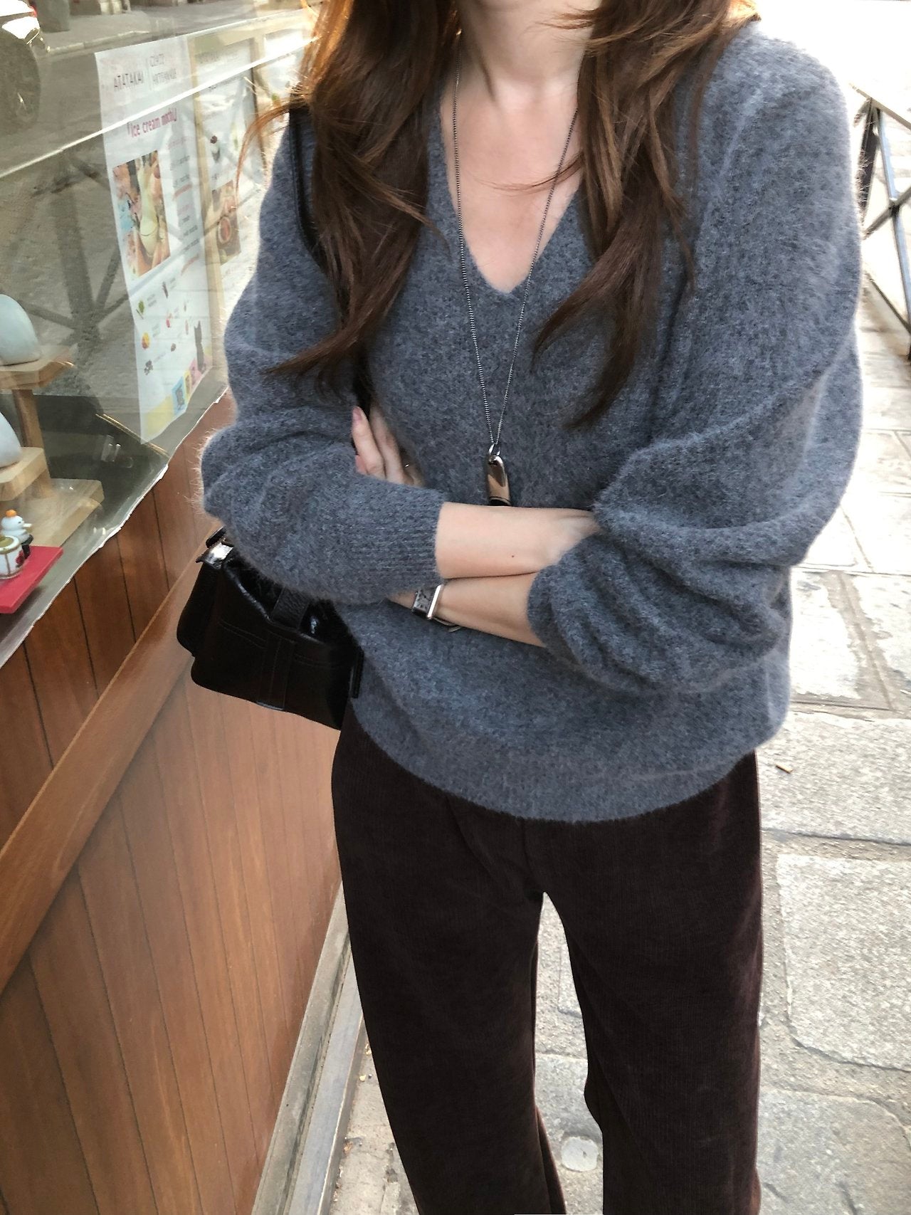 Hills fox wholegarment V-neck knit-3col