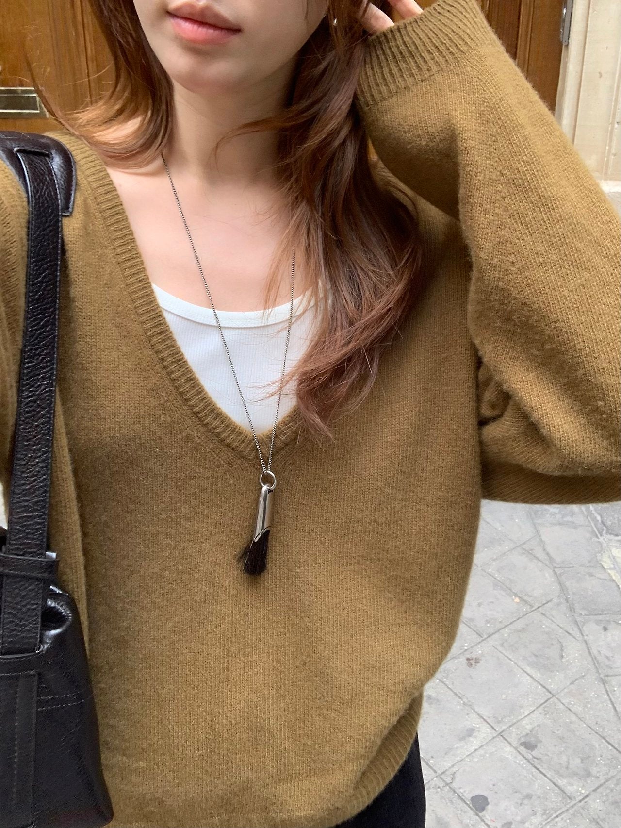 Celine cashmere wholegarment deep V-neck knit-3col