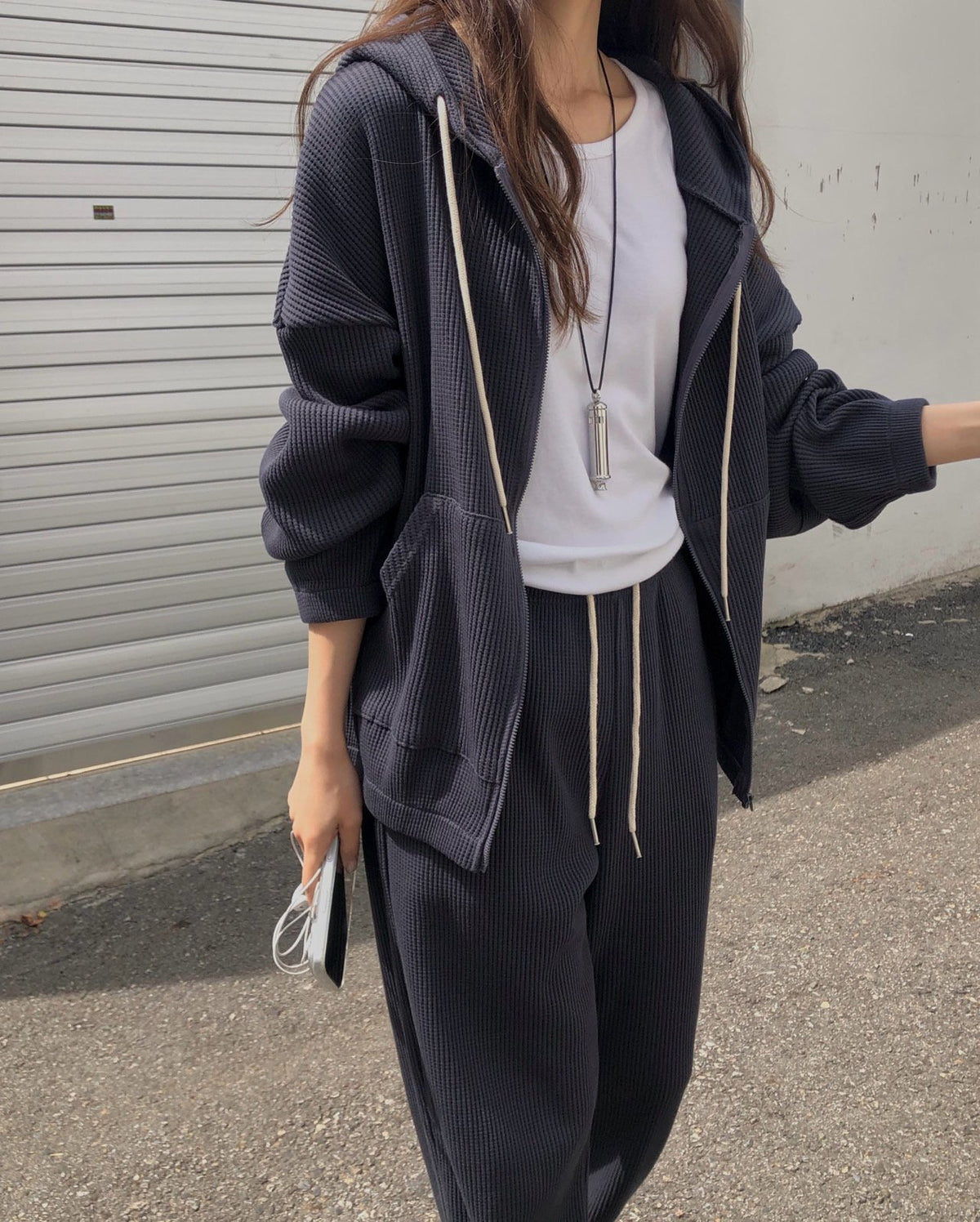 waffle hooded zip-up&pants-3col