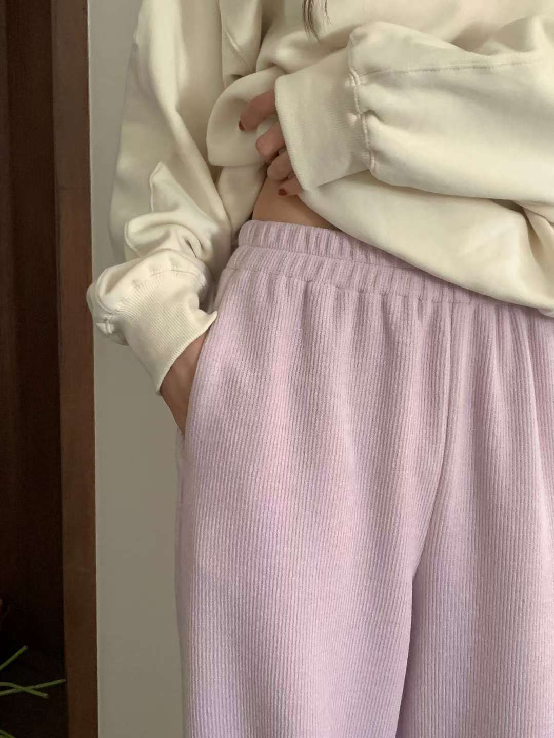 knit wide banding pants-4col