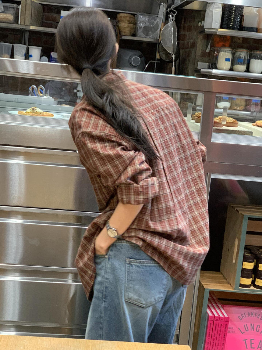 Maron check shirt-2col