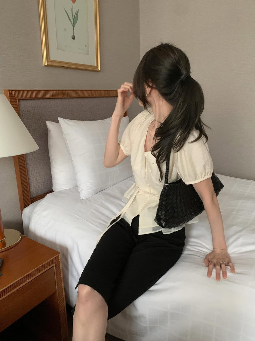 half rumi shirring blouse-3col