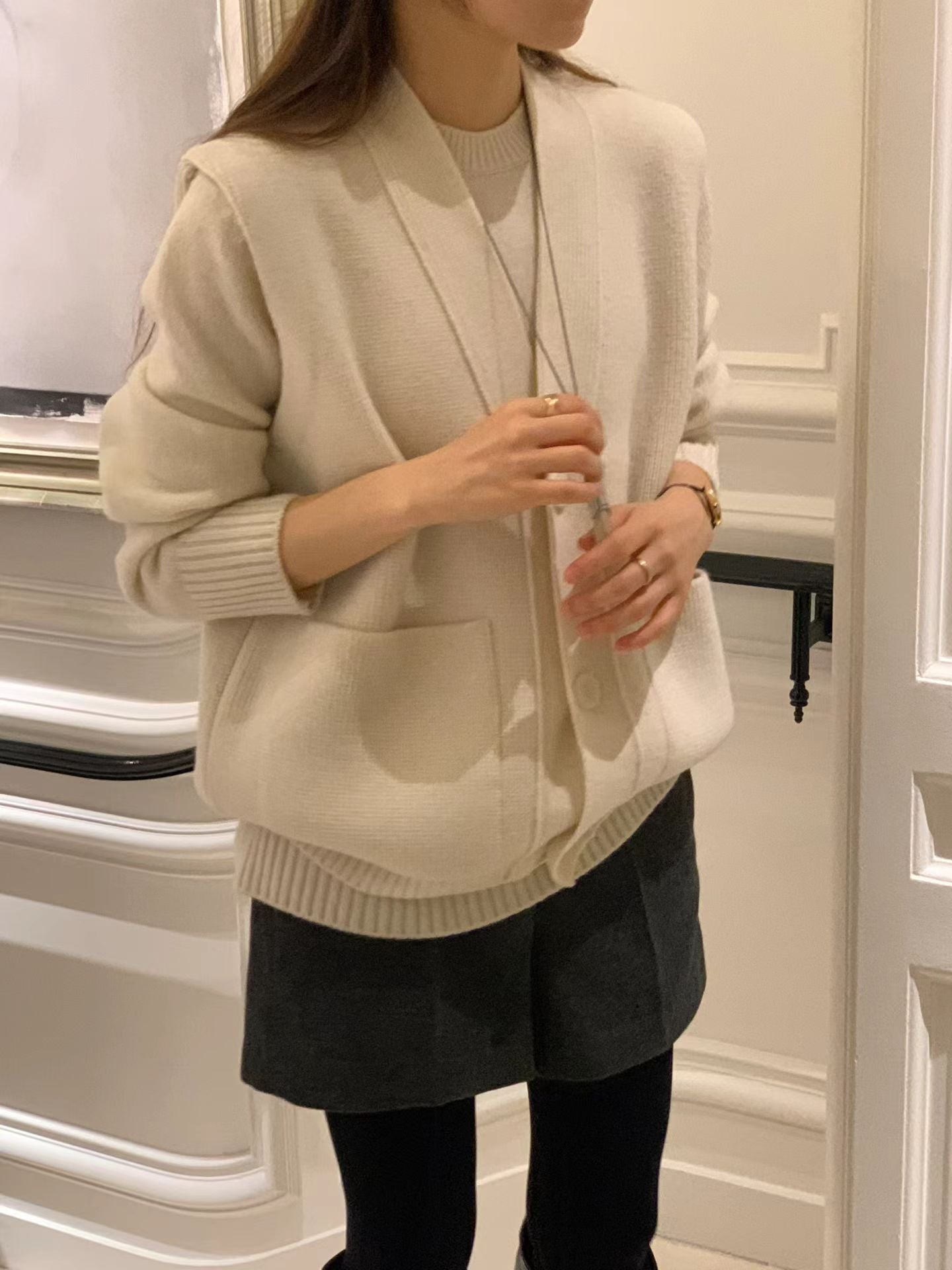 ivory即納 Ounce pocket knit vest cardigan-2col