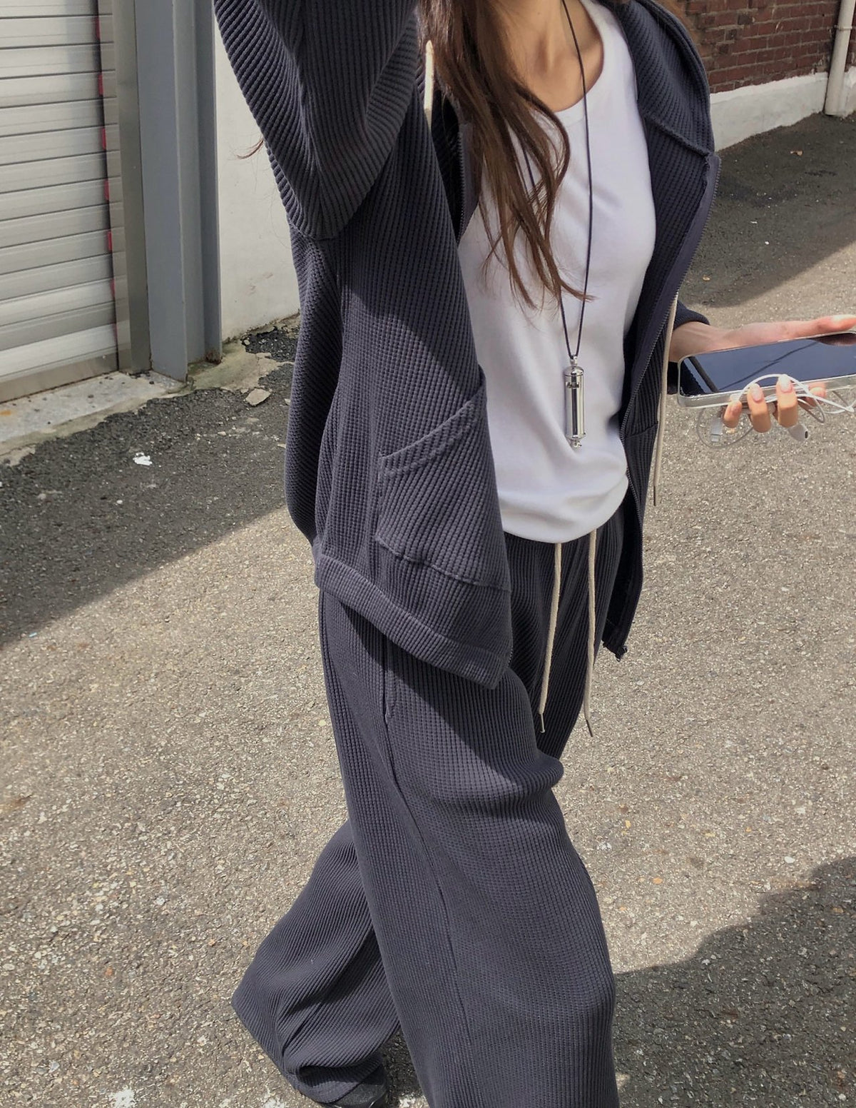 waffle hooded zip-up&pants-3col