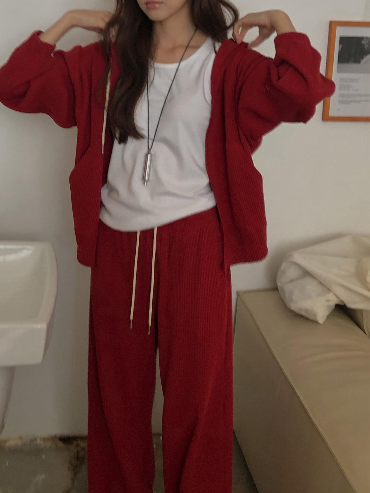 waffle hooded zip-up&pants-3col