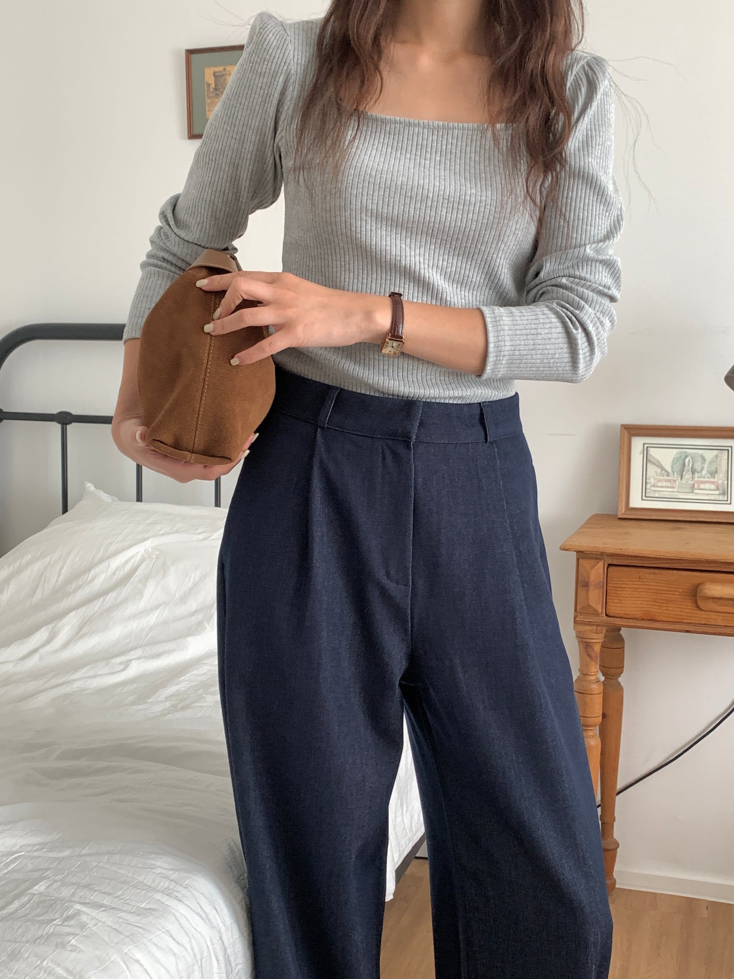 Fw denim onepintuck slacks-2col ショート丈あり