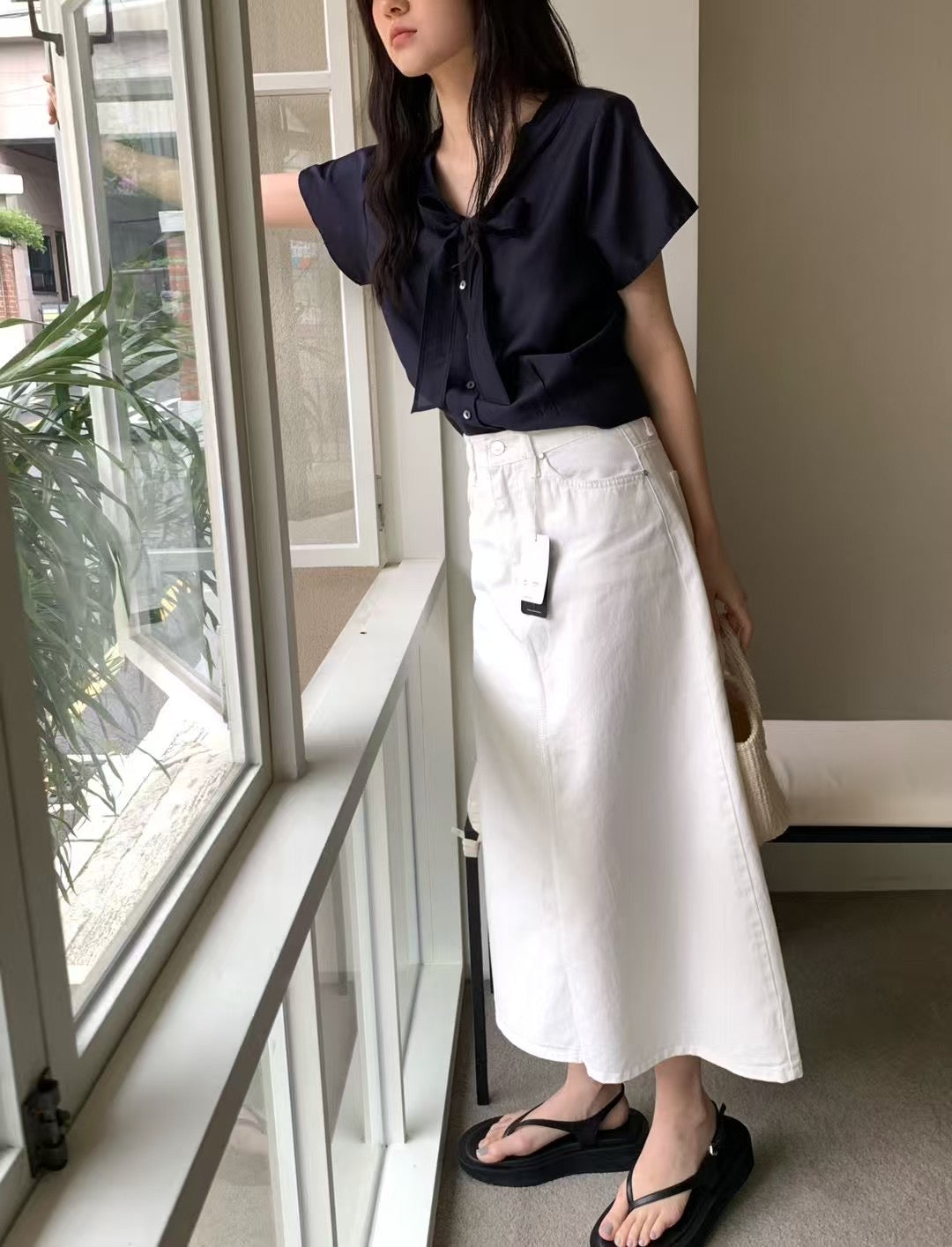 deondo tie short sleeve blouse-2col