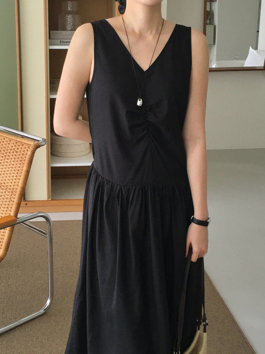 Posh v-neck shirring onepiece-2col