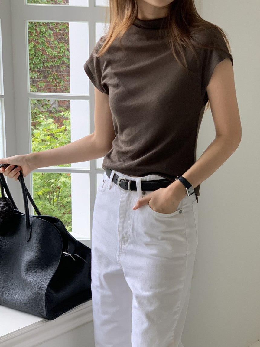 Mock neck wool tencel drop shoulder T-4col