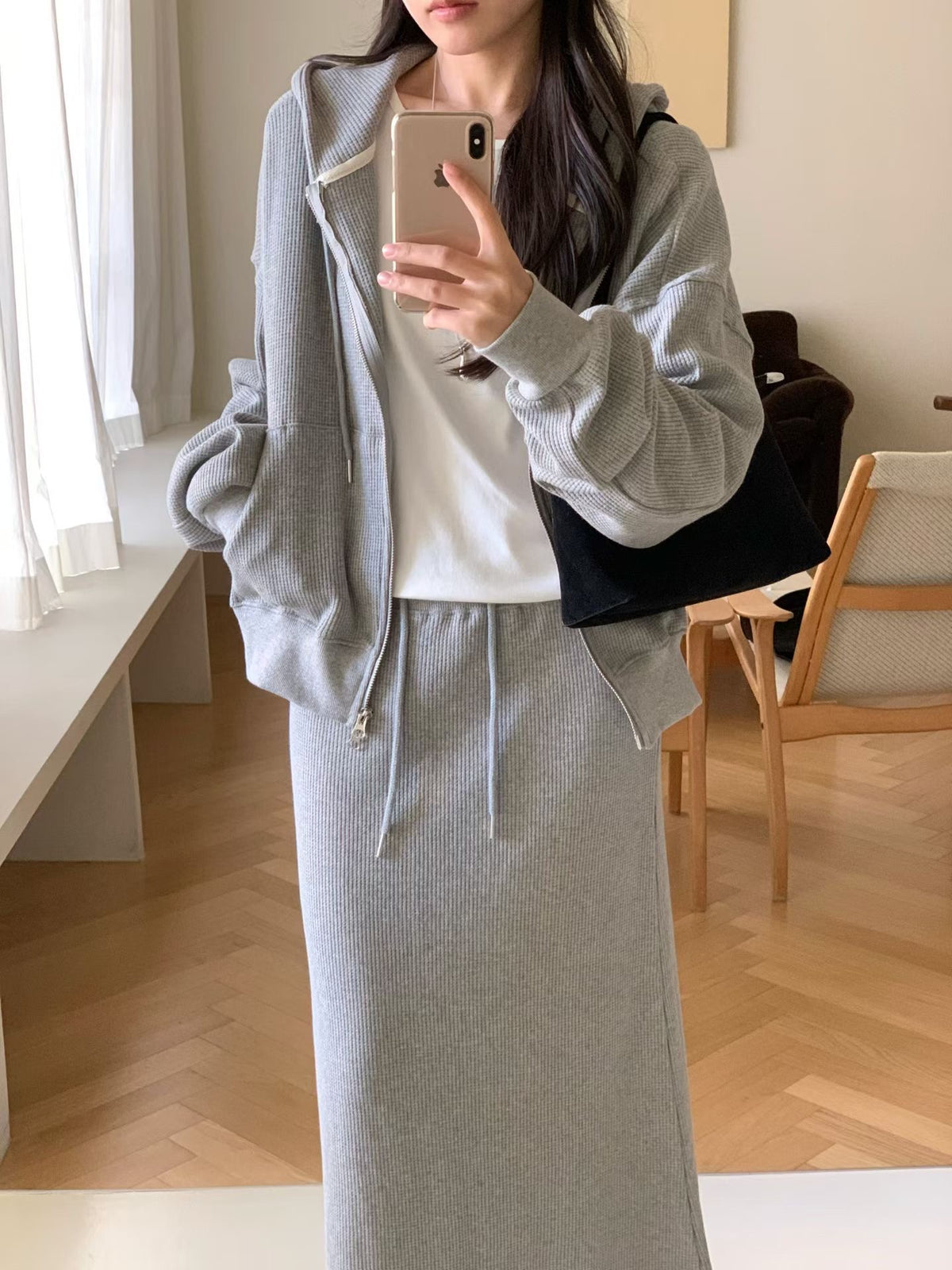 Waffle 2way hood zipup&skirt-2col