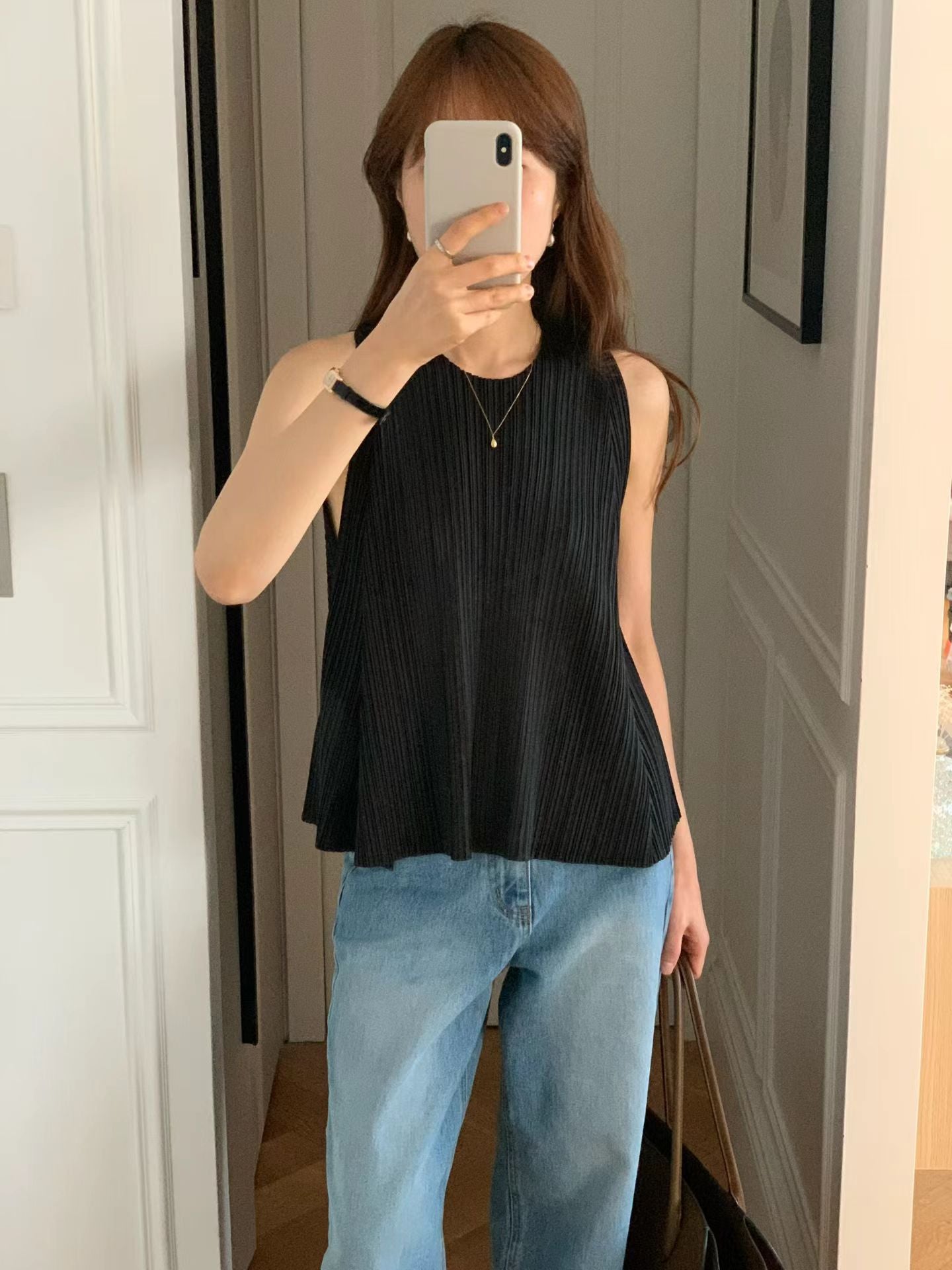 ivory即納 Ounce round pleated sleeveless-3col