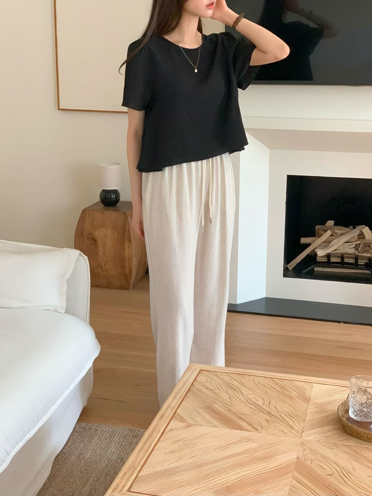 vintage linen wide banding pants-3col
