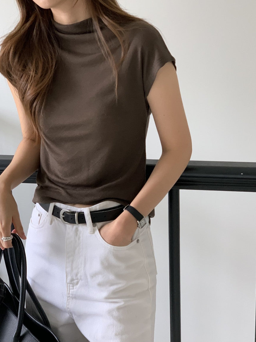 Mock neck wool tencel drop shoulder T-4col