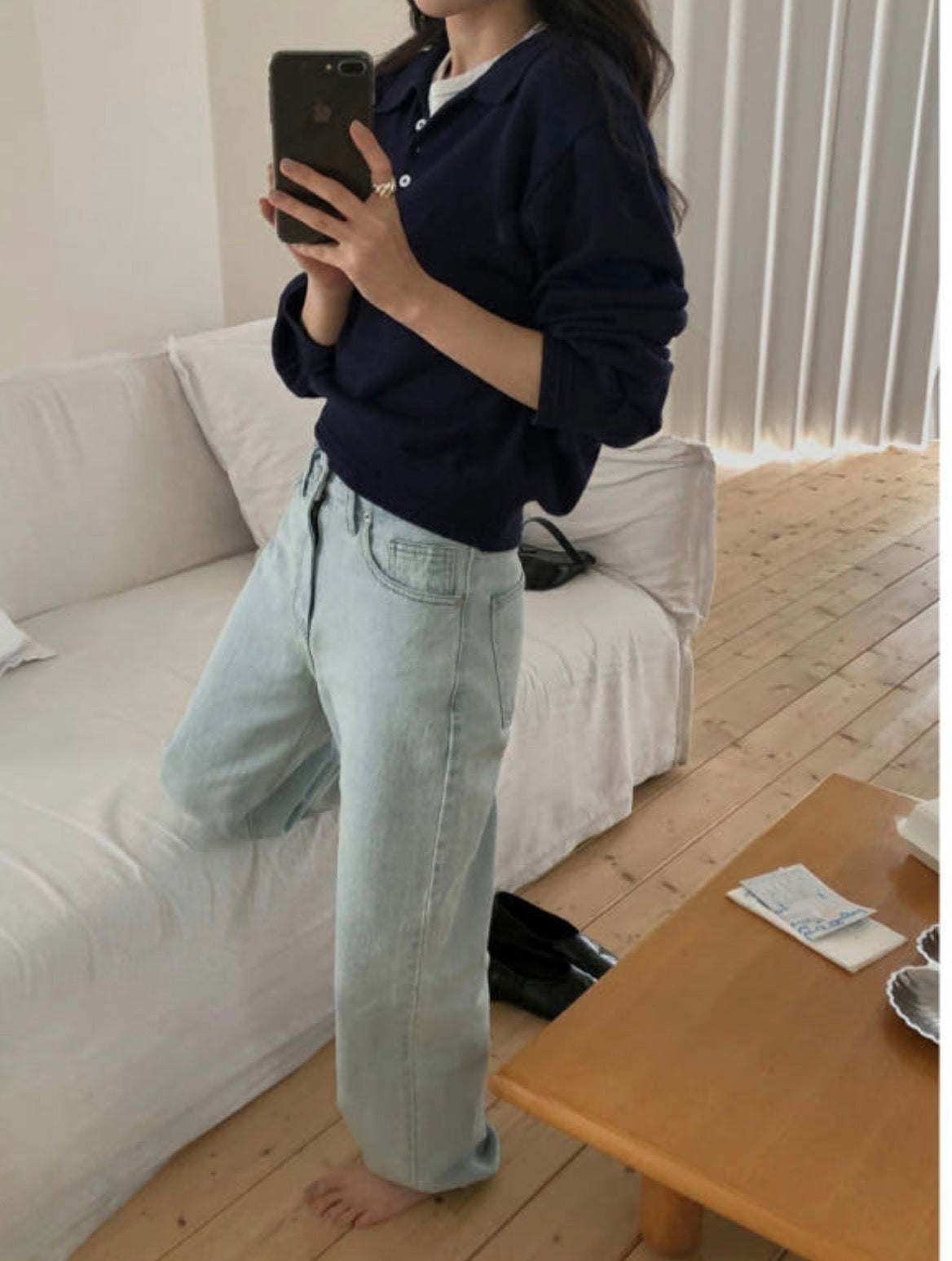 Jacquard light blue denim/ショート丈あり