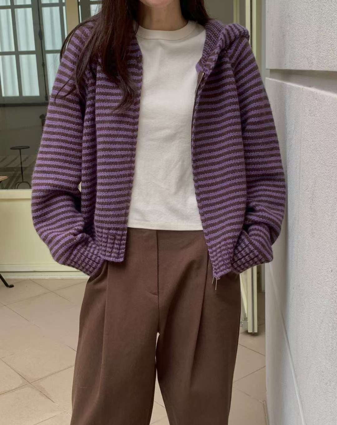 Stripe hood zip up-3col