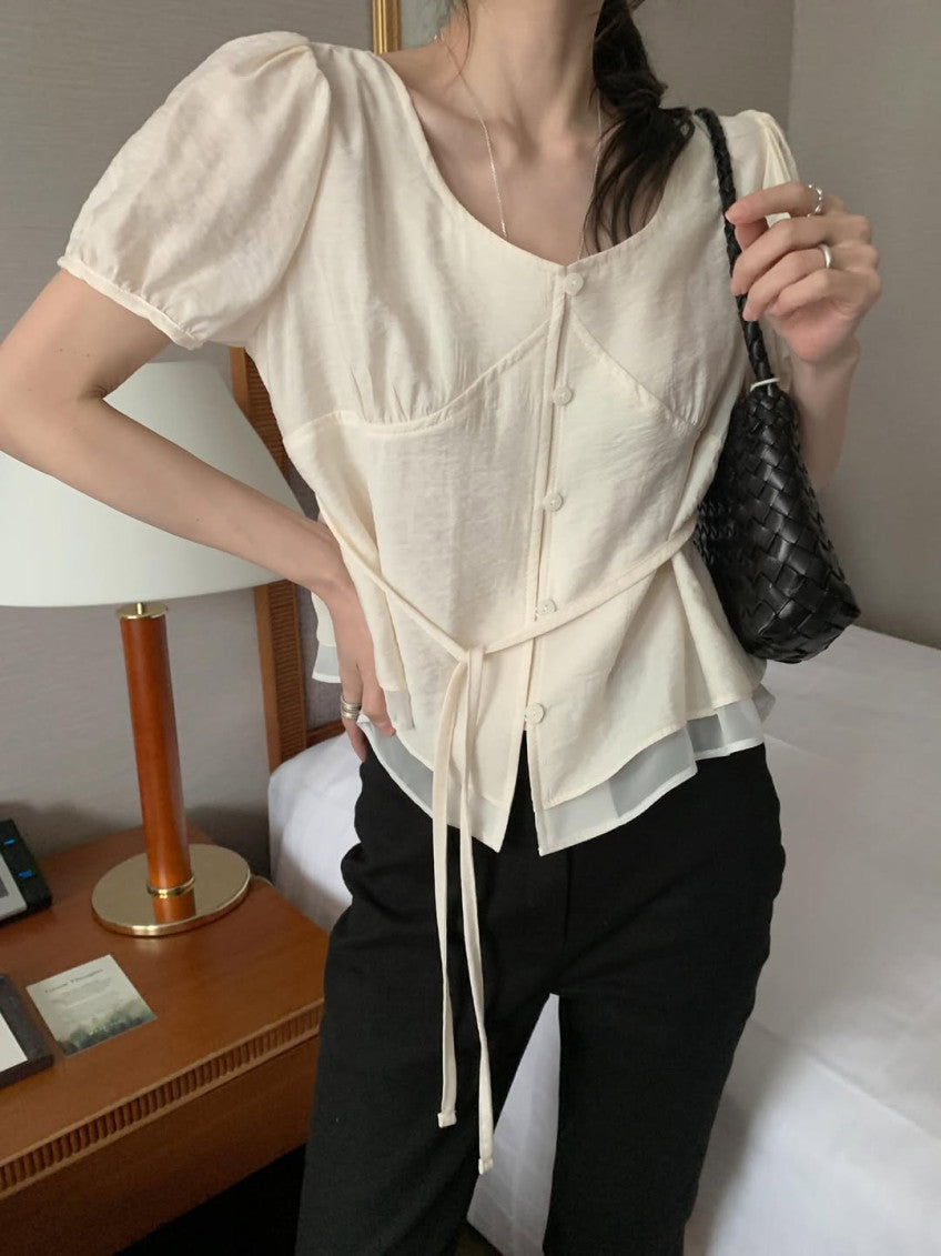 half rumi shirring blouse-3col