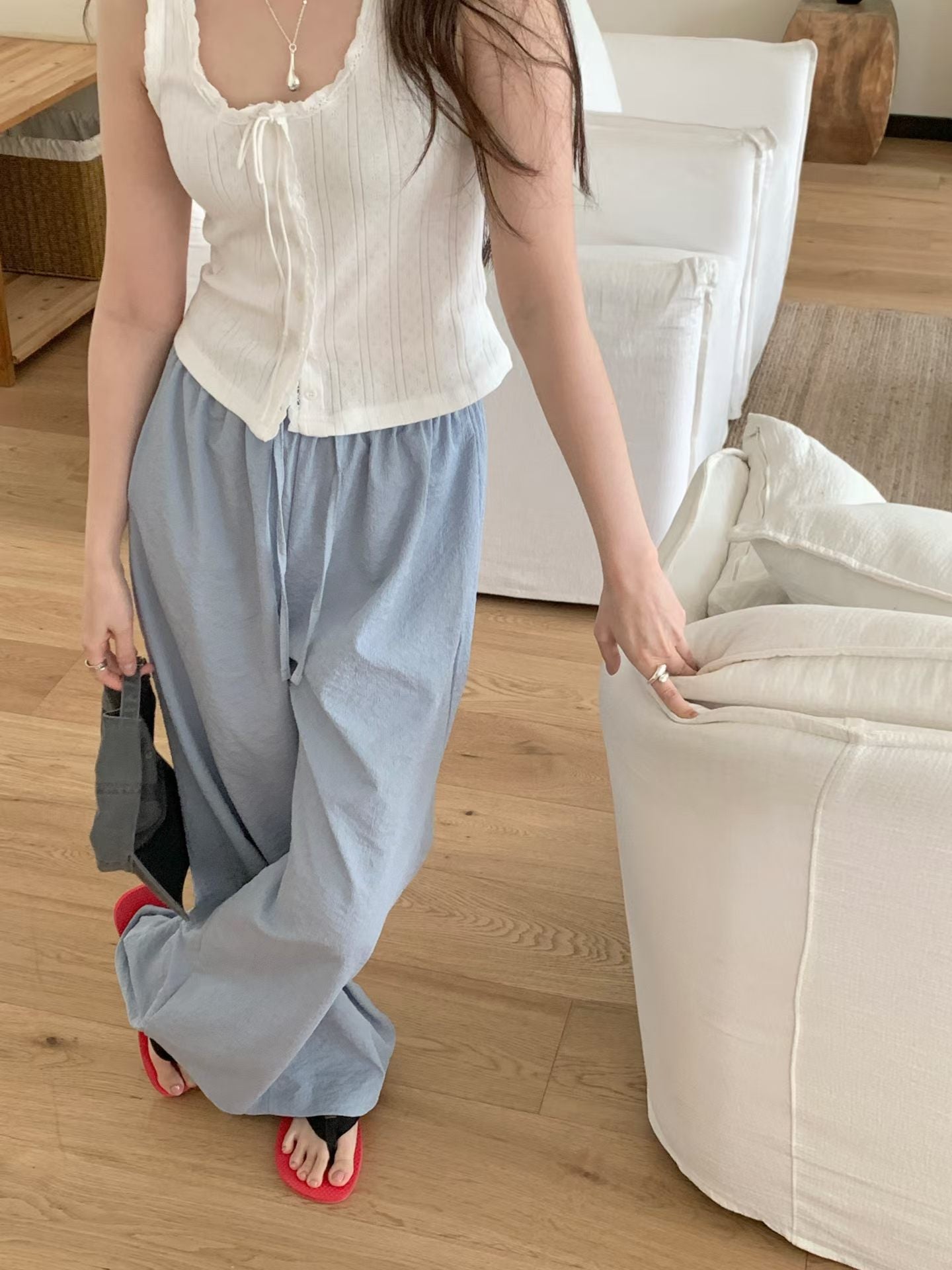 wavy s.t wide banding pants-4col